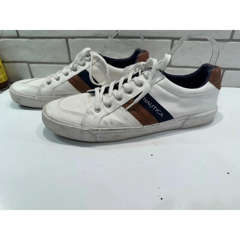 Nautica Garrison Men Size 12‎ White Brown Blue Stripe Casual Sneakers Shoes